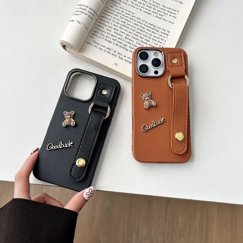 Charming Bear Leather Wrist Strap Phone Case - Soft Cover