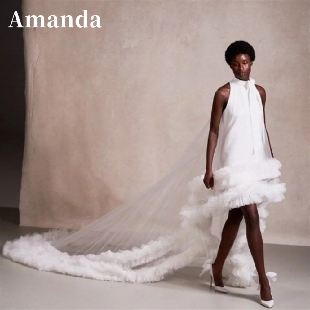 

Amanda Ivory فساتين مناسبة رسمية Sweep Tulle Train Vestidos De Noche Sexy High Neck Mini Short Prom Dress 2023