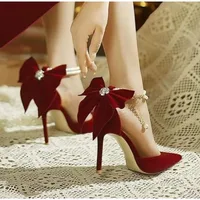 Red Xiuhe Wedding Shoes New Pointy Stiletto High Heels Female Shallow Mouth Bow Pearl One Word Buckle Strap Two Wear Bride Shoes 1