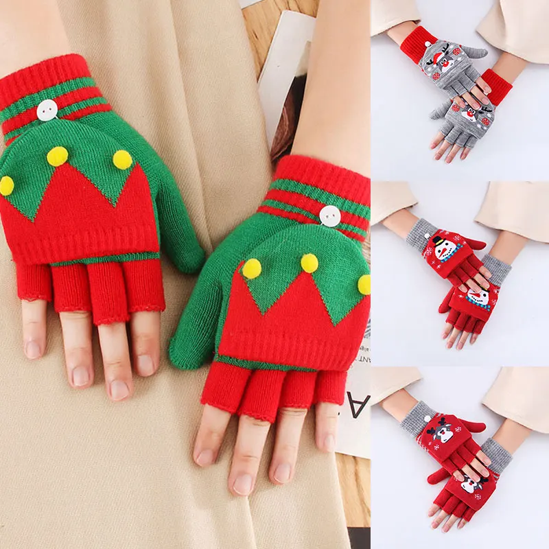 

1 Pair Women Flip Top Gloves Christmas Style Knitted Half Finger Gloves Winter Thick Warm Fingerless Gloves Cartoon Elk Mittens