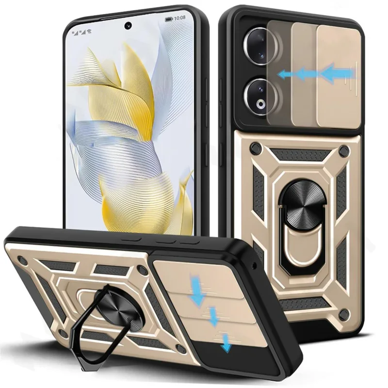Armor Shockproof Phone Case with Magnetic 360-Degree Ring Holder and Slide Lens Cover