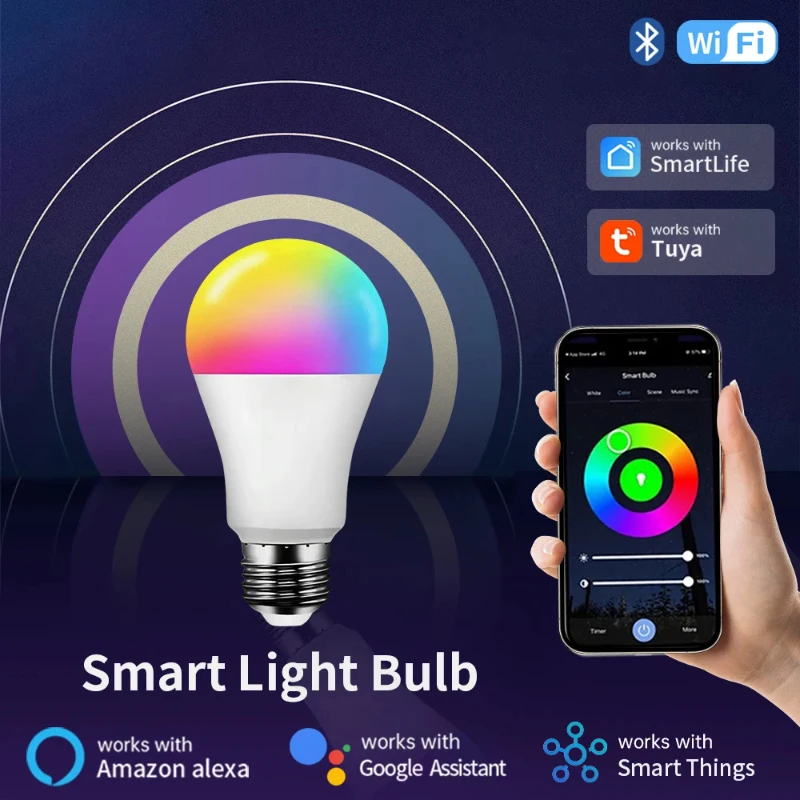 Tuya APP Bluetooth Smart WiFi RGB LED Bulbs Music Sync Dimmable Colourful RGB+CCT E27 LED Lamp For Bedroom Party Decor Lighting