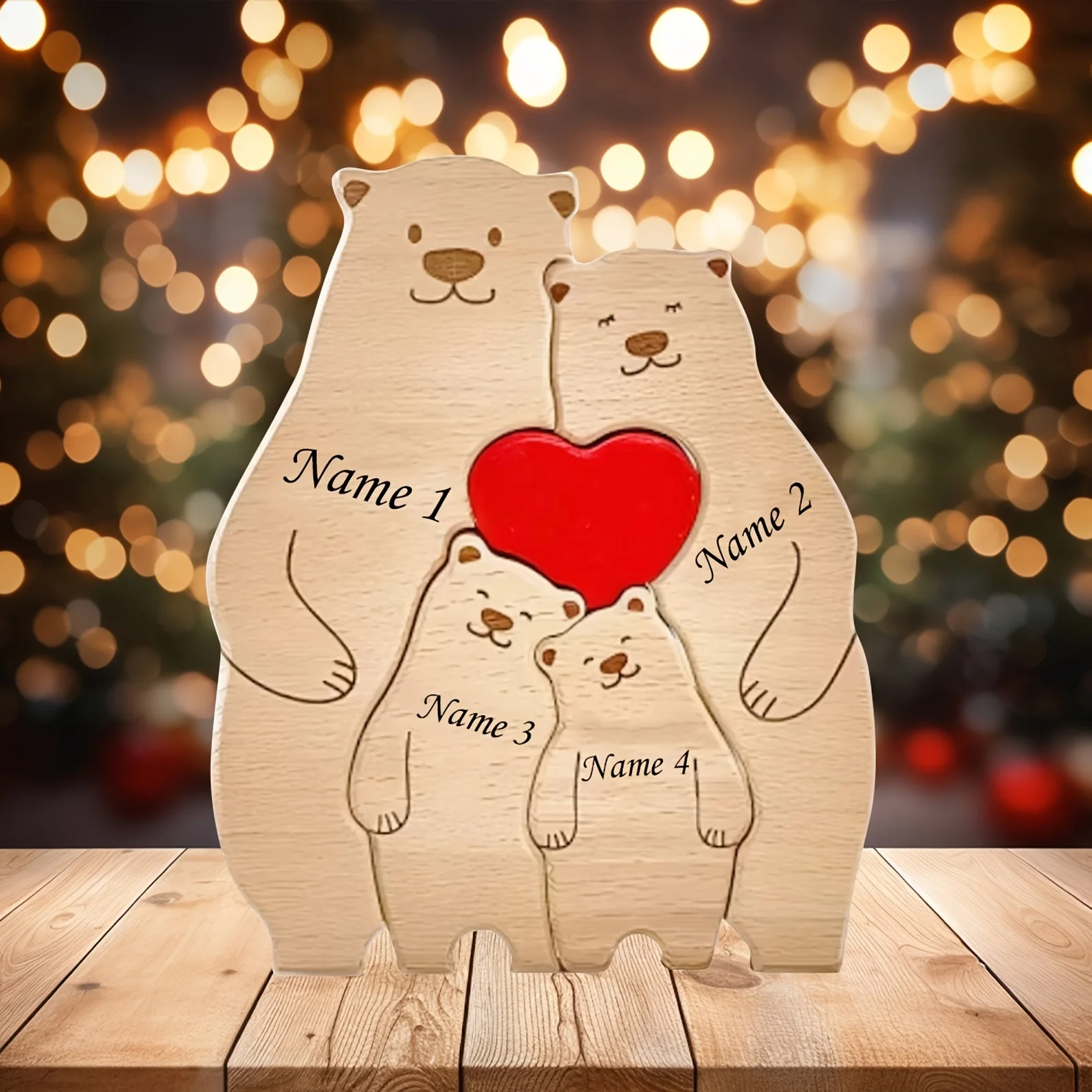 Customized Rustic Wooden Bear Puzzle Décor with Family Names