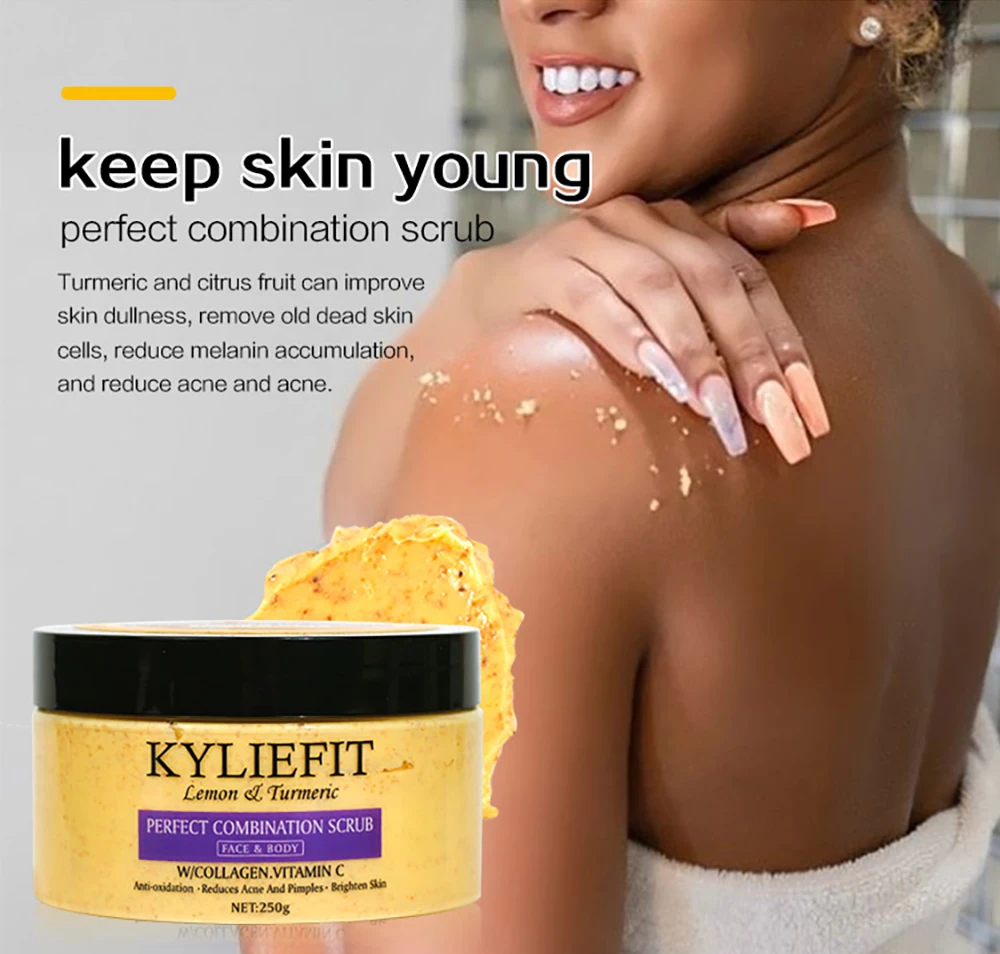 KYLIEFIT Organic Turmeric Body Scrub, Smoother & Whiter Skin, Lightening, Remove Dark Spots, Acne, for Face and Body