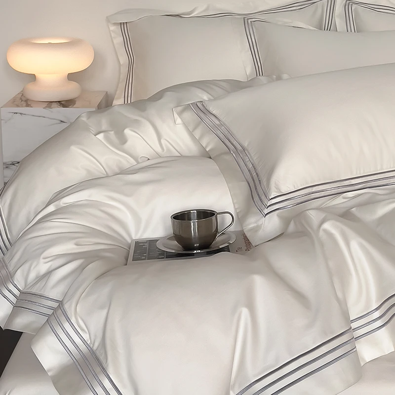 Luxury 1000TC Egyptian Cotton Solid Color Hotel Style Embroidery Bedding Set Duvet cover Set Flat/Fitted Bed Sheet Pillowcases 4