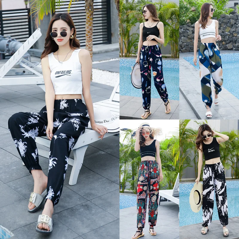 

Children's summer mosquito-proof knickerbockers women's cotton yoga pants baggy casual flower pants adult beach pants