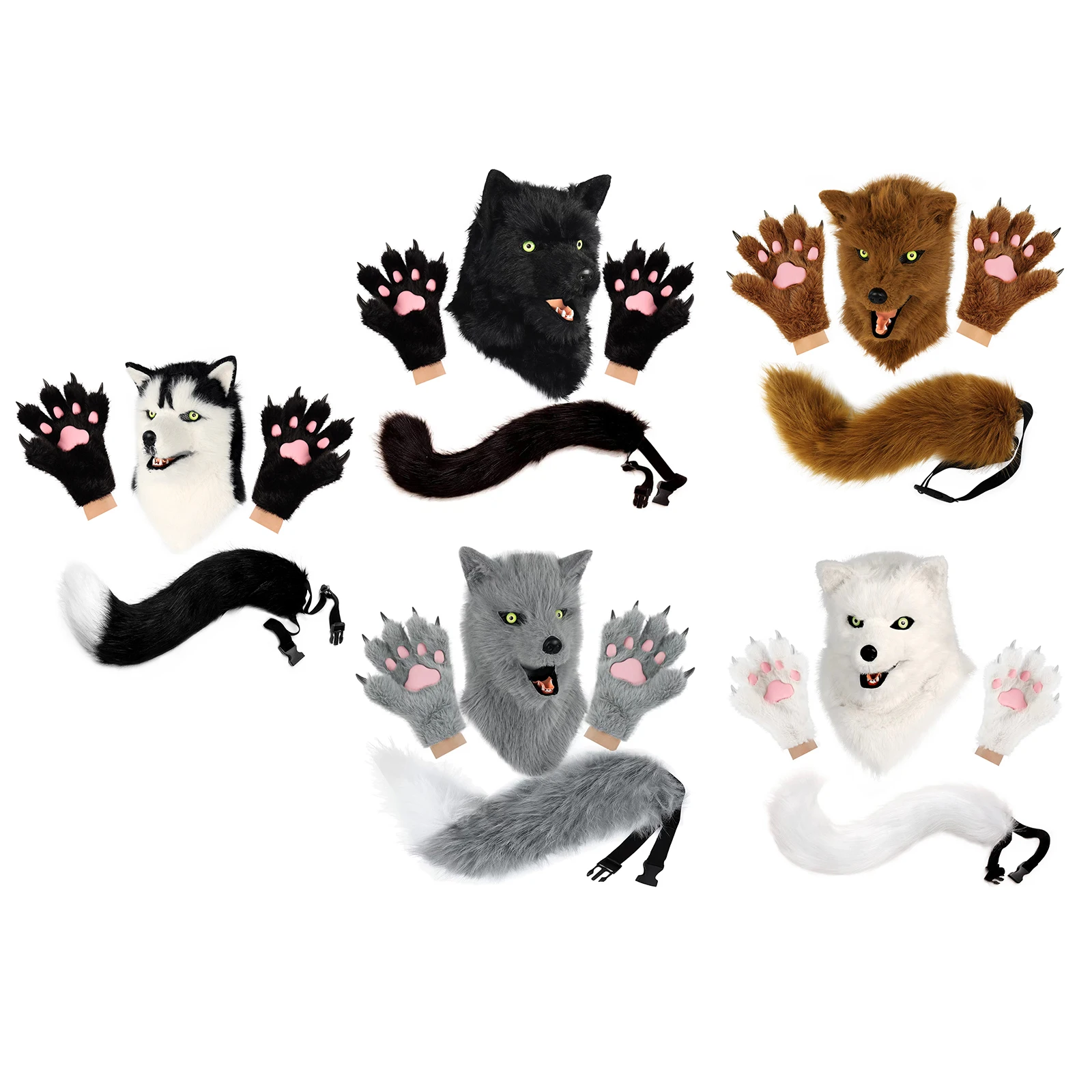 Animal Dog Head Mask Realistic Furry Plush Tail Claw Gloves Full Wolf Masks for Halloween Party Carnival Cosplay