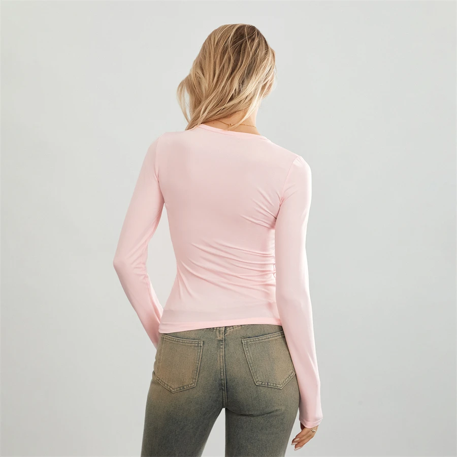 Camisetas básicas de Color liso para mujer, camisetas informales de manga larga, jerséis ajustados para otoño y primaver