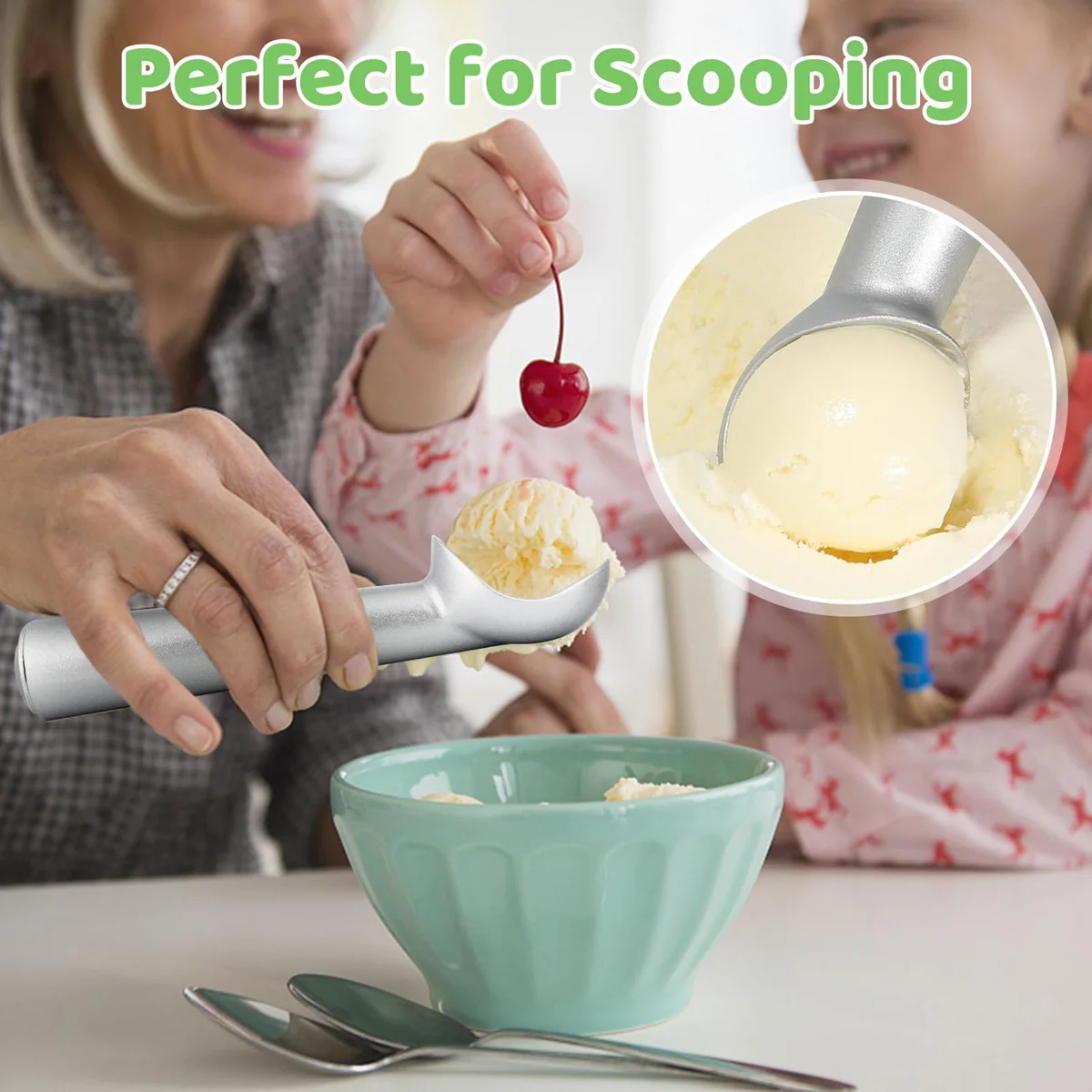 Ice Cream Scoop 1pc Self-Warming Ice Cream Scoop Effortless Ice Cream & Fruit Serving Tool Durable Aluminium Alloy Construction 1.5/2/2.5/3oz