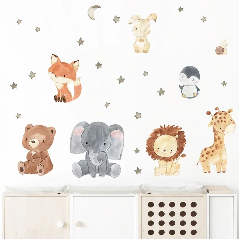 Watercolor Cartoon Cute Africa Animals Wall Stickers Elephant Giraffe Bear Fox Kids Room Wall Decals Decorative Sticker for