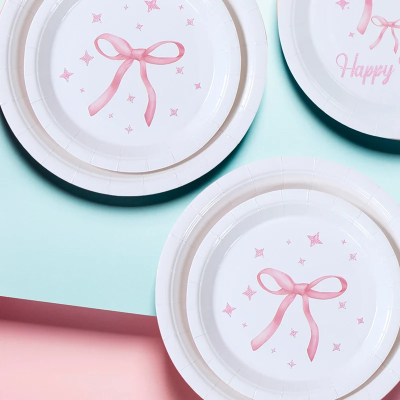 Rosa Schleife Thema Geburtstag Party Supplies Einwegteller Tassen Serviettenschleife Party Dekor Babyparty Mädchen Rosa Schleife Partyzubehör – Detail 6