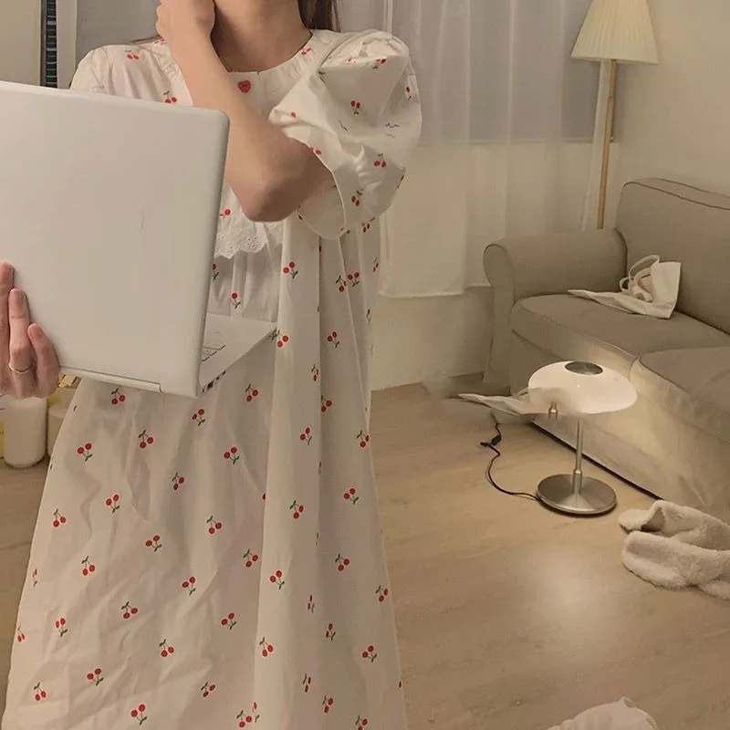 

Cherry Nightgown Sleepwear Women Korean Lace Summer One Piece Pajamas Dress Short Sleeve Cute Night Sleeping Button Home Wear