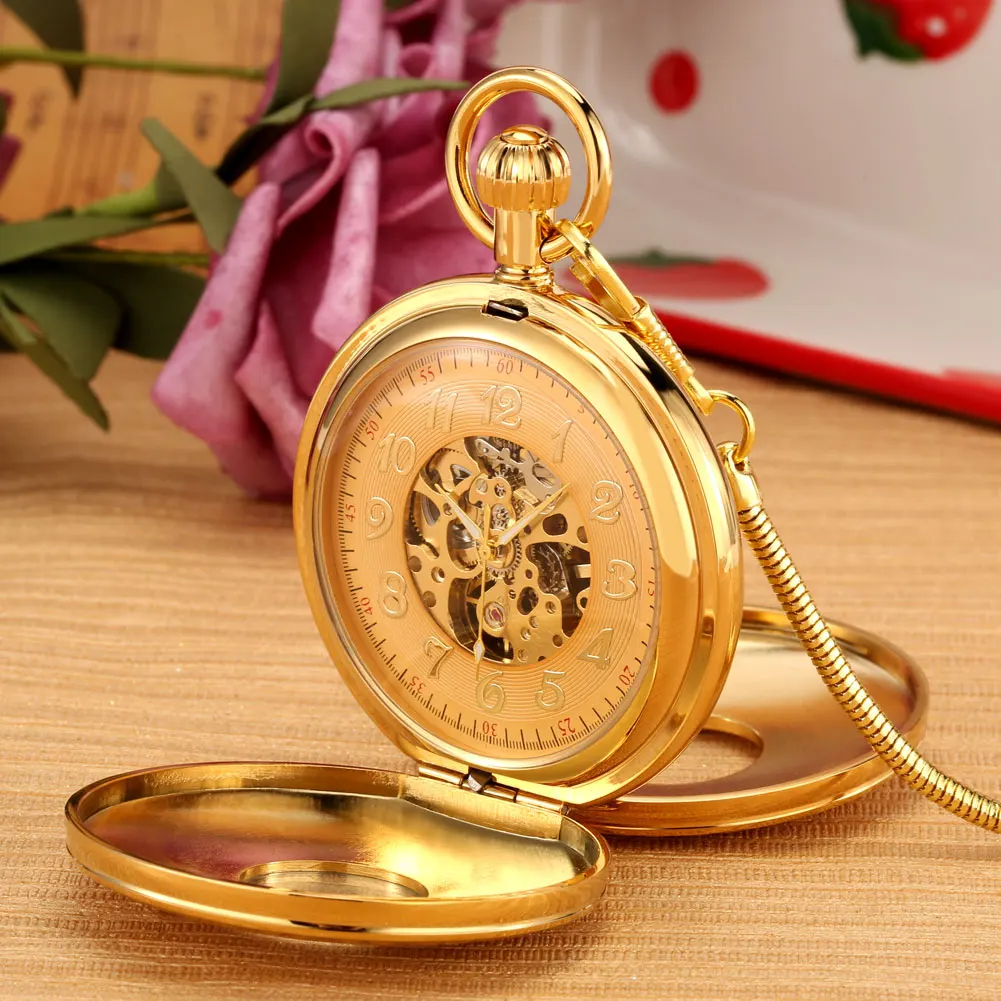 Gift Box Automatic Men's Mechanical Pocket Watch Gold Copper Double Sides Cover Fob Chain Antique Self Winding Timepiece Male