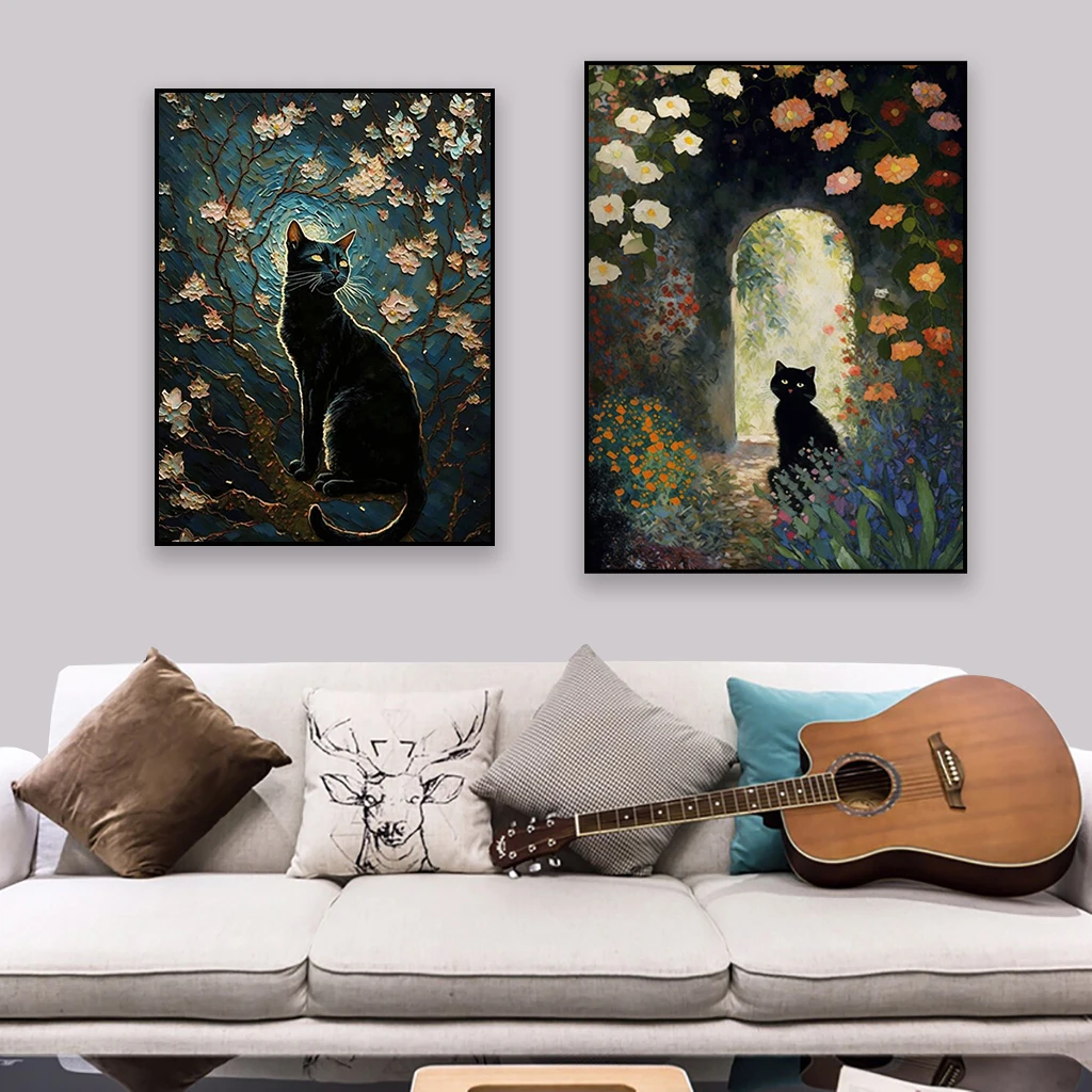 WEERSHUN Claude Monet Garden Oil Paintings On Canvas Black Cat Poster  Flowers Funny Animal Poster Canvas 90s Wall Art Room Aesthetic Posters