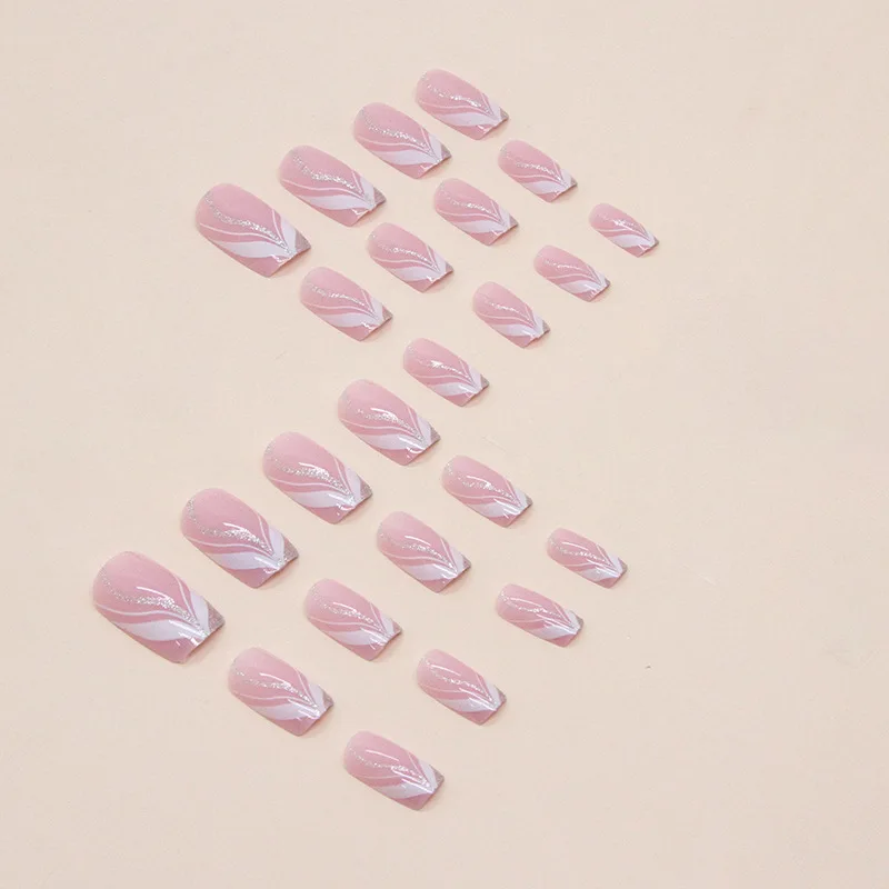 24 Stück/Set kurze quadratische künstliche Nägel, modische geometrische Nagelspitzen, blaue Ozeanwelle, Streifen, Glitzerblumen, zum Aufdrücken falscher Nagelkunst-Set – Detail 10