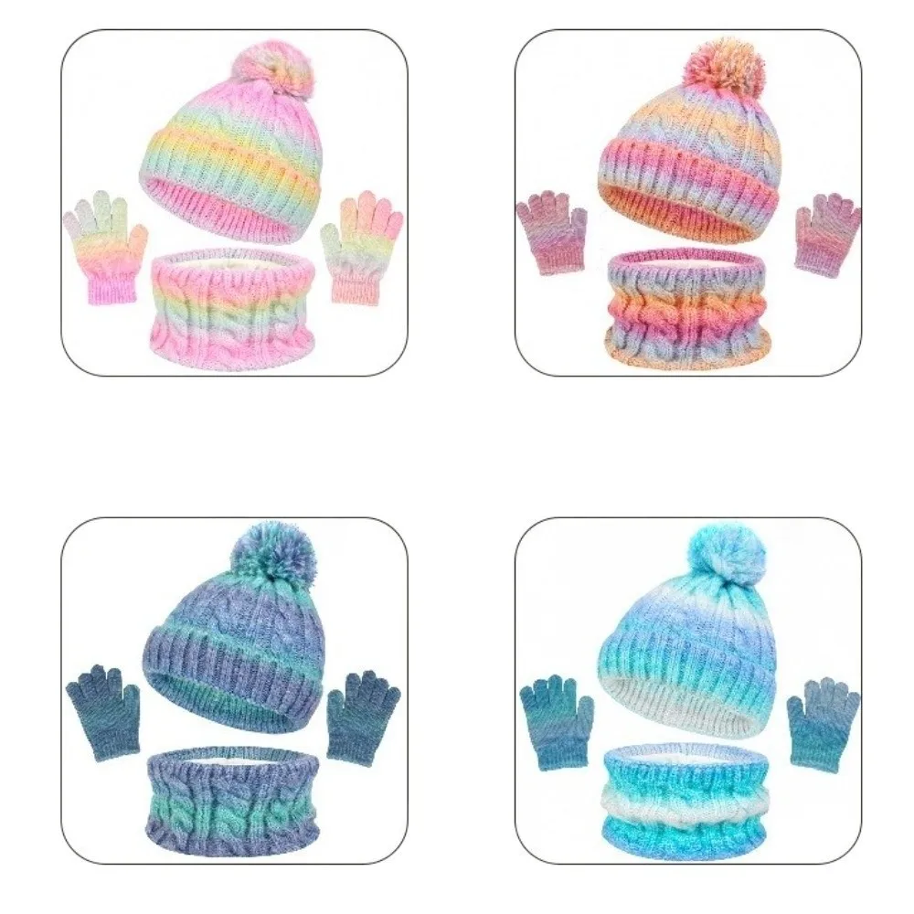 Gradient Color Baby Hat Scarf Gloves Set Cute Pompom Warm Ears Toddler Knitted Hat Thickened with Velvet Hat Set