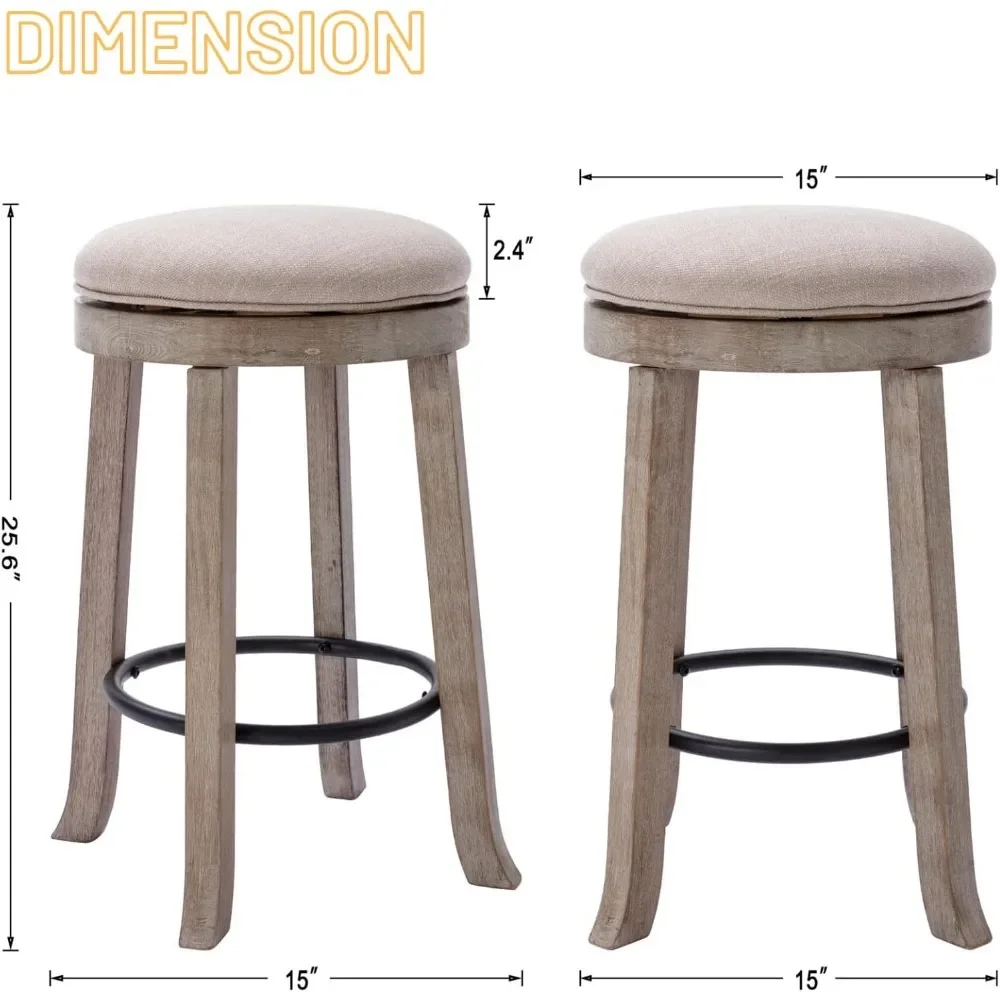 Swivel Bar Stools Set of 2, 26&rdquo; Counter Height Stools, Fabric Armless Barstool Rubberwood Legs, Farmhouse Kitchen Island Chair