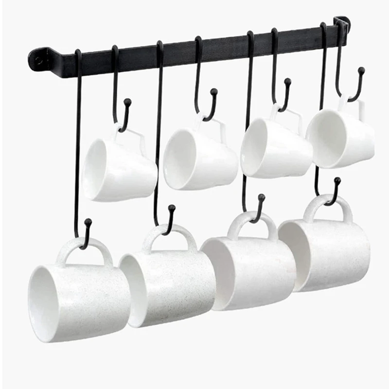 

Coffee Mug Holder For Wall: 17-Inch Black Coffee Bar Cup Hanger Hooks - Hanging Coffee Cup Rack Storage Organizer 2Pcs Durable
