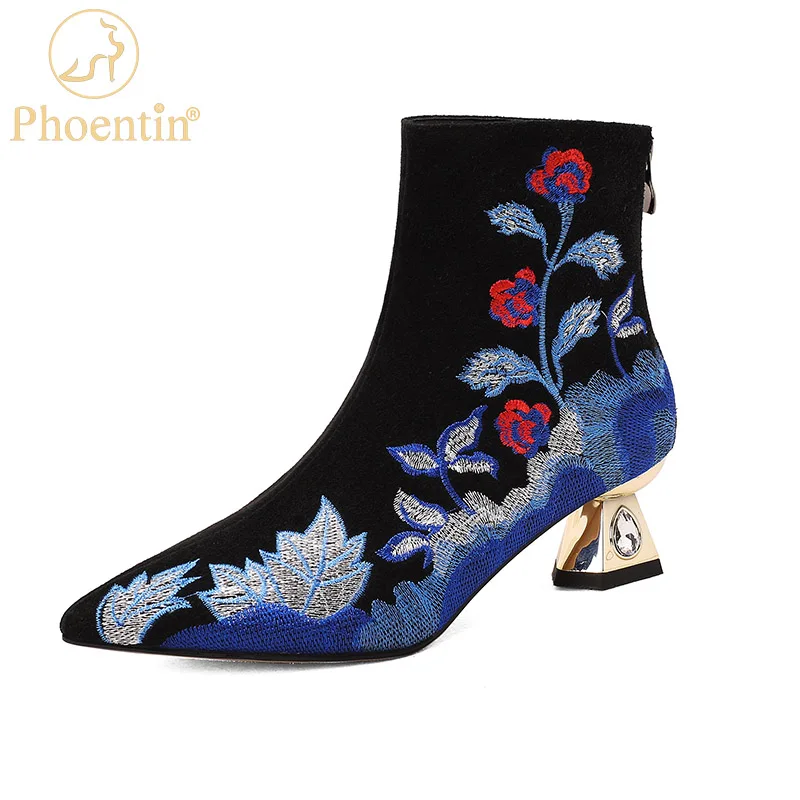 

Phoentin 2023 Spring Ethnic flower Embroidery Ankle Boot for Woman cow suede boots Winter short boots plus size 43 FT2140