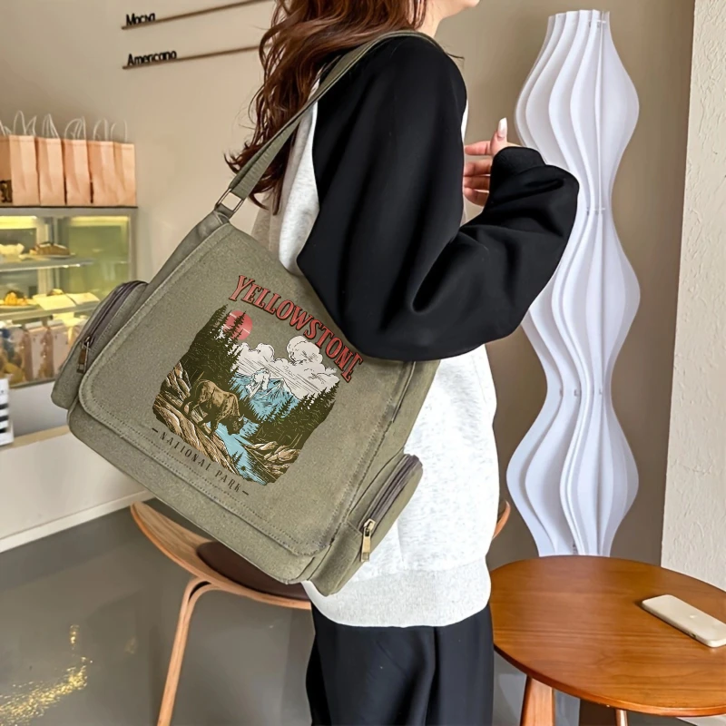 Vintage Canvas Shoulder Bag Women's Crossbody Bag Park Print Men's Messenger Bag Large Capacity Laptop Bag