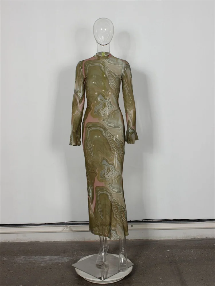 Wmstar Dresses Women Mesh Vintage Print Bodycon Sexy Mesh See Through Flare Sleeve Wrap Hip Long Dress Wholesale Dropshipping