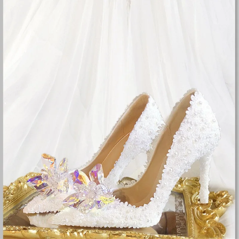 

Spring and summer rhinestone lace white flowers bride wedding shoes banquet dress all-match stiletto large size women's shoes
