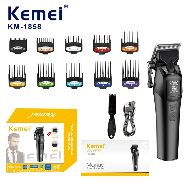케메이 DLC 블레이드 전기 헤어 클리퍼 미용실 전문 무선 USB 충전식 헤어 클리퍼 라이트 포함 KM-1858