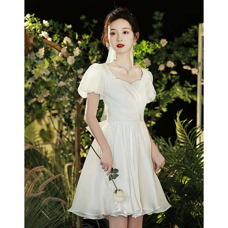 

White Beaded Square Collar Puff Sleeve Back Zipper A-Line Short Style Evening Dress Women Formal Gowns Robe De Soiree Cheongsam