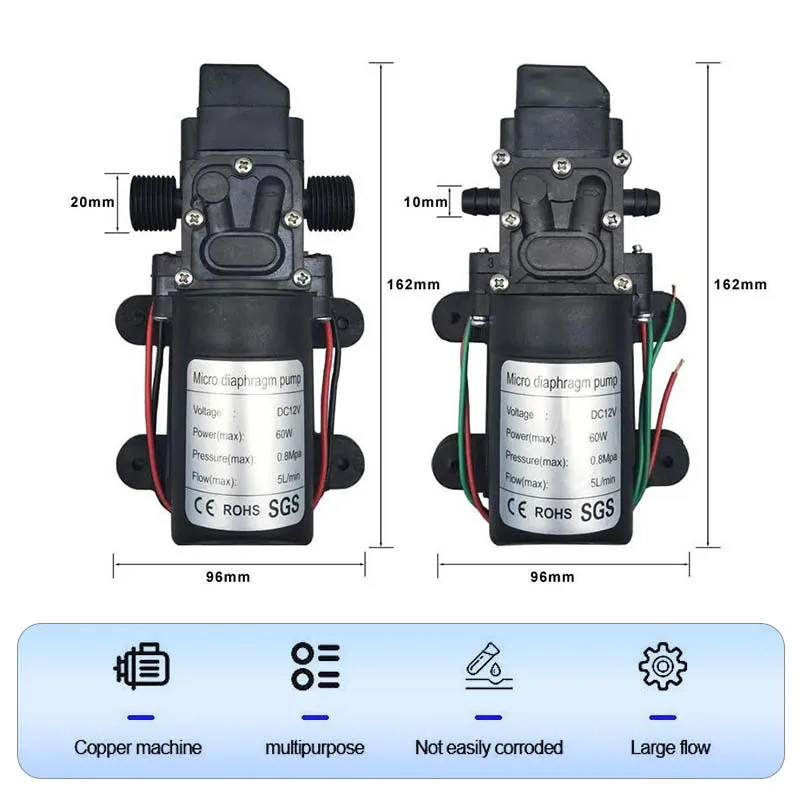 Electric Water Pump DC 12V 60W 120PSI 5L/Min High Pressure Diaphragm Self Priming Sprayer Car Wash