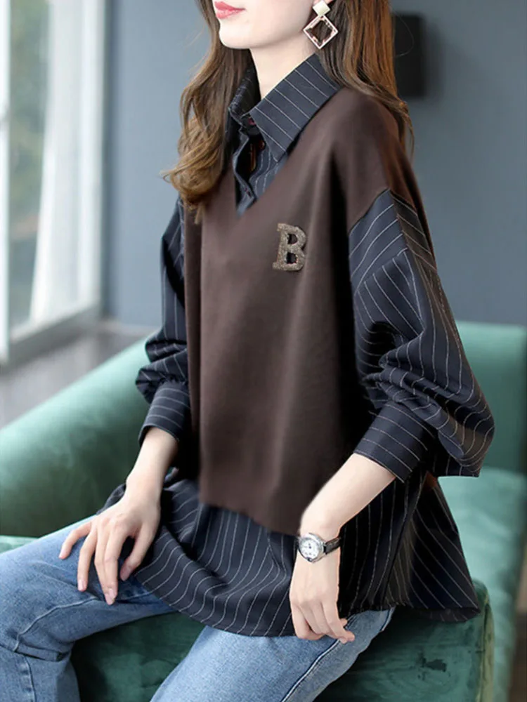 

Fashion Woman Blouses 2023 Spring Autumn Polo-Neck Long Sleeve Commuter Loose Casual Striped Spliced All-match Edgy Shirt