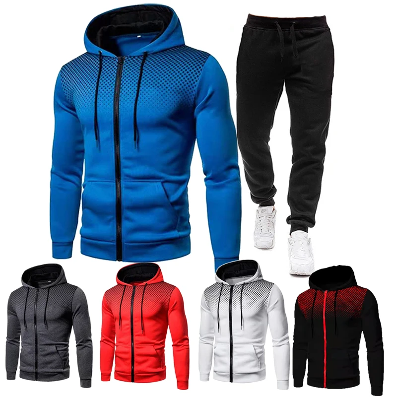 New Men's Fashion Jacket Gradient Color Zipper Hoodie Set Sweater Coat Casual Sports Jacket+Sports Pants