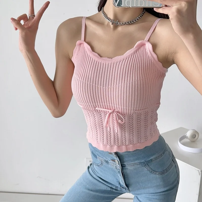 면화 바다 프랑스 스타일 복고풍 밀 중공 니트 슬링 조끼 순수 원하는 Drawstring 슬리밍 웨이브 레이스 조끼