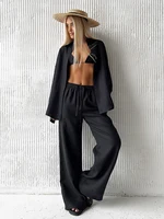 Bornladies Cotton Casual Pants Sets Women's Solid Color Cozy Lapel Long Sleeve Shirt Summer Outfit Elastic Waist Pants Suits - Image 5