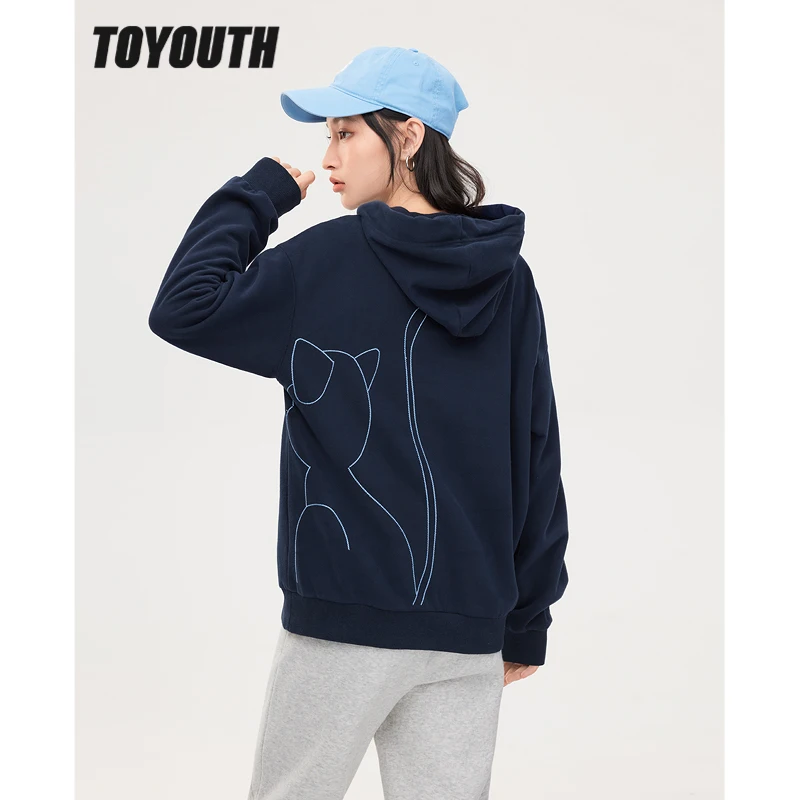 Toyouth Women Fleece Hooded Sweatshirt 2022 Winter Long Sleeve Loose Hoodie Cat Embroidery Warm Casual Streetwear Pullover
