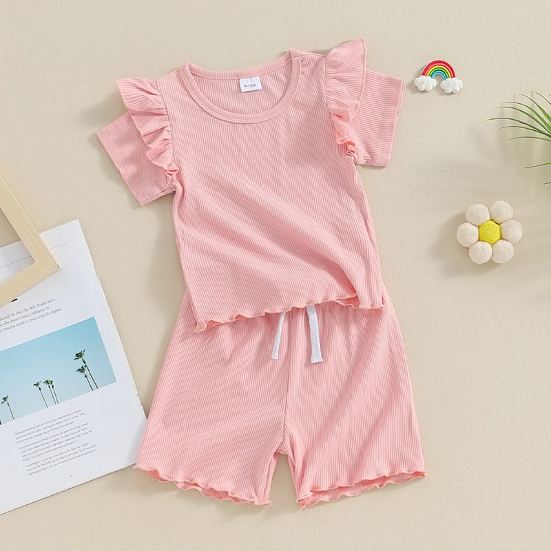 

Toddlers Baby Girls Summer Clothes Solid Color Ribbed Ruffle Short T-Shirt and Elastic Shorts Set Baby Outfit