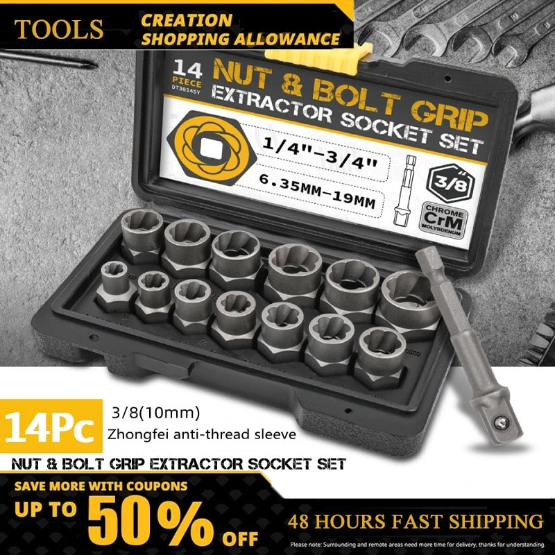 14pc Extraction Socket Set Impact Bolt Nut Remover Set Bolt Extractor Tool Kit For Removing