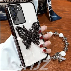 3D Butterfly Glitter Phone Holder Bead Bracelet Case Cover for OPPO A78 4G (Black)