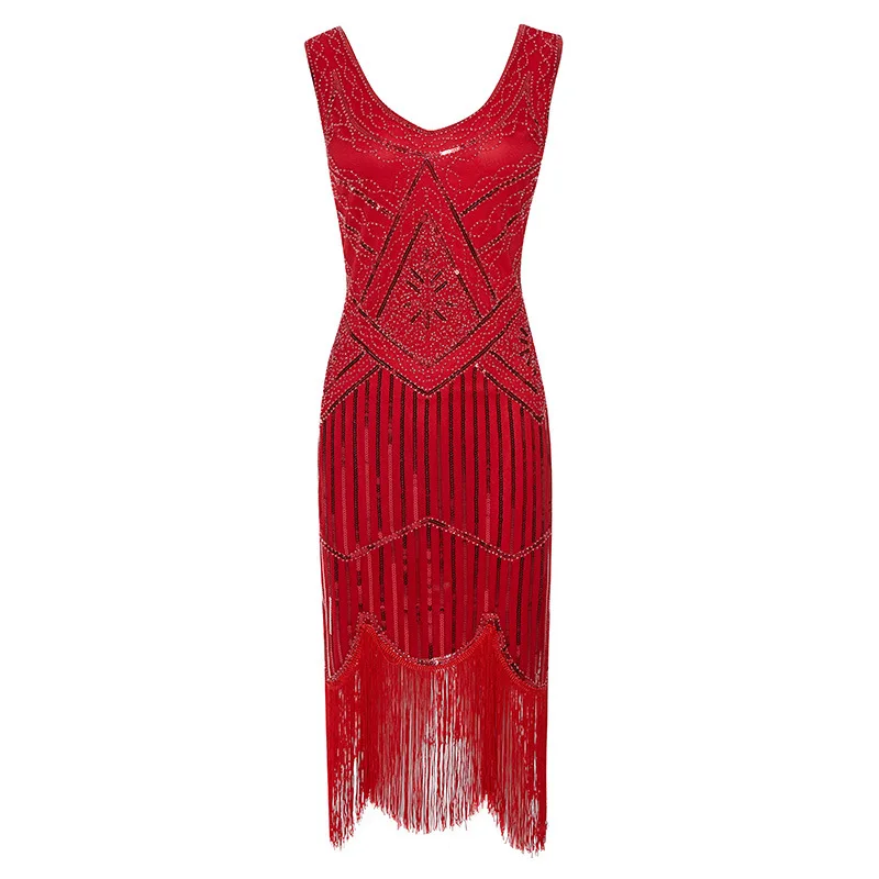Women's Plus Size V-neck Sleeveless Flapper Dress Glitter Beaded Fringe Swing Roaring 20s Great Gatsby Sequin Tunic Dress