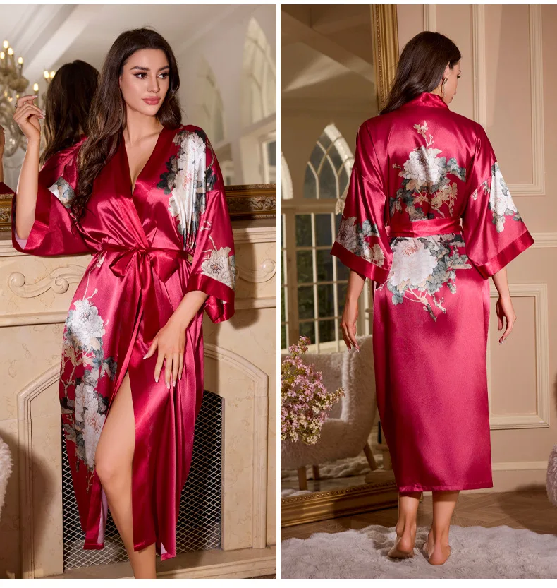 جديد النمط الصيني رداء طويل كيمونو البشكير ثوب المرأة  ملابس خاصة طباعة زهرة فستان المنزل ثوب النوم فضفاض