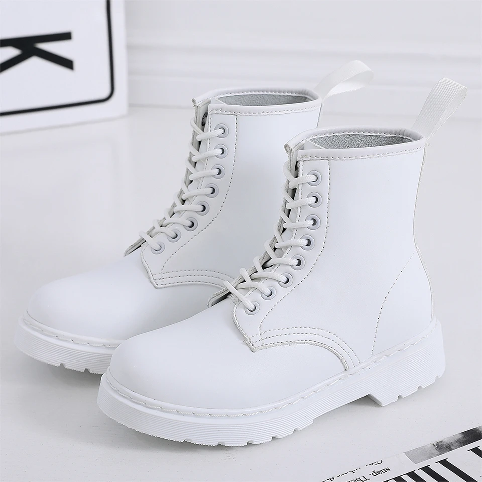 

Brand Women Motorcycle Ankle Boots Wedges Female Lace Up White Genuine Leather Oxford Shoes Woman Flat Boots 2023 Botas Mujer