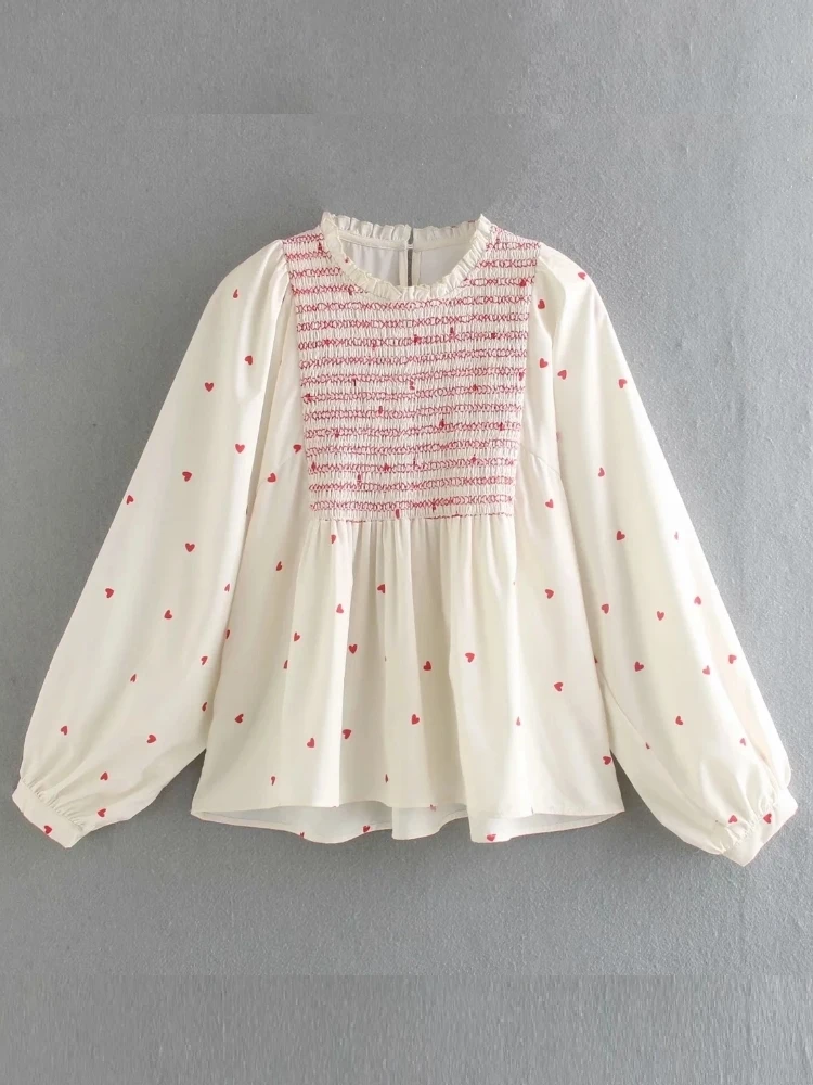 off the shoulder shirts & tops Women Peach Heart Printing Splicing Shirt Casual Loose Smock Female Lantern Sleeve Blouse Lady Tops Blusas S8282 silk blouses Blouses & Shirts