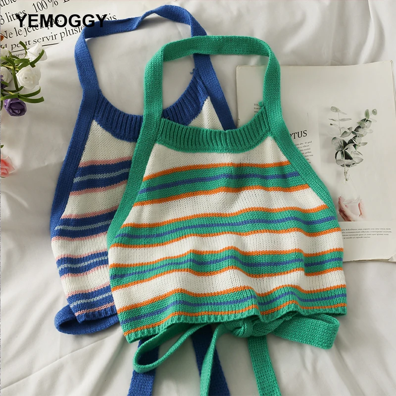 Сексуальные полосатые топы Camis короткие укороченные с воротником хомутиком