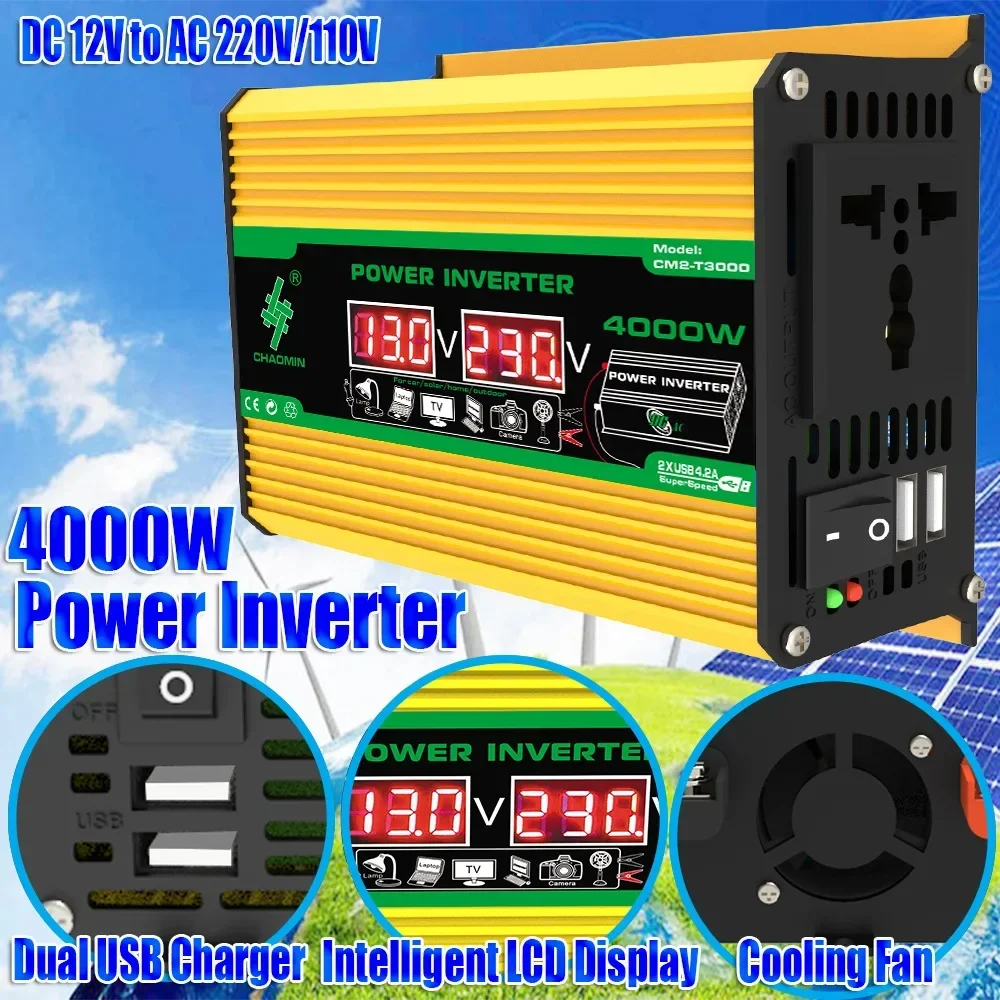 4000W Solar Inverter Portable Power Bank DC 12V to AC 110/220V Dual USB LCD Disp