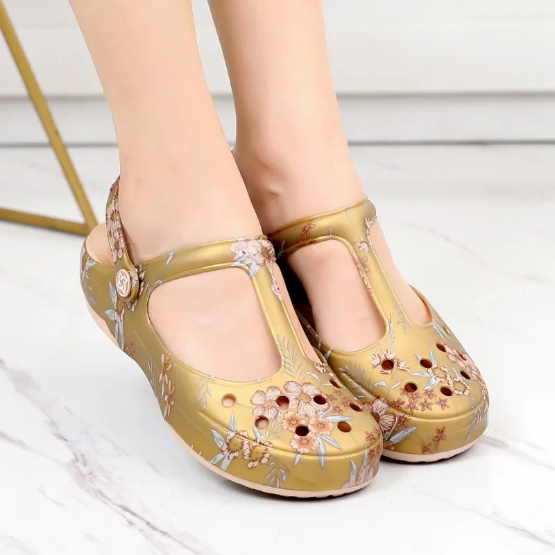 

Printed Jelly Sandals Gold Women Shoes 2023 TPU Platform Non-Slip Lightweight Outdoor Slippers Beach Shoes Mary Jane Flip Flops