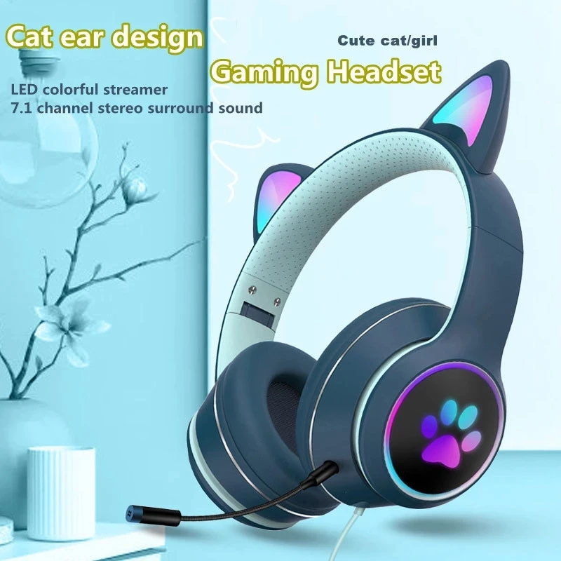 Cat Ear Gaming Headphone Led Light Girl Gamer Cuffie Cablate Gioco Stereo Cat Auricolare Pc Auricolare Con Microfono Per Tablet Ps5 Fifa