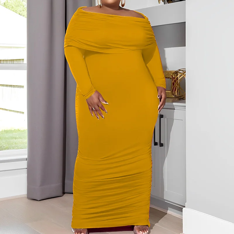 Plus Size Fashion Women Clothing Solid Color One Word Collar Bag Hip Maxi Dress Streetwear Shirring Long Sleeve Knitted Dresses