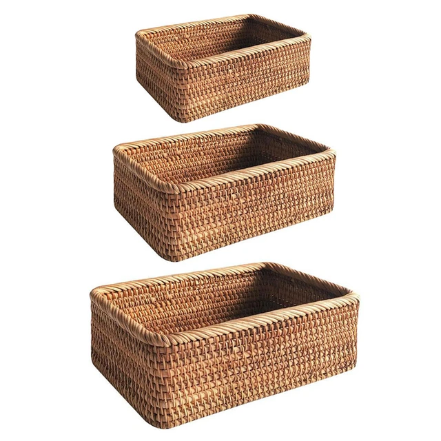 Hand-woven Rattan Wicker Basket Fruit Tea Snack Bread Basket Cosmetic Rectangular Storage Box Household Kitchen Supplies 6