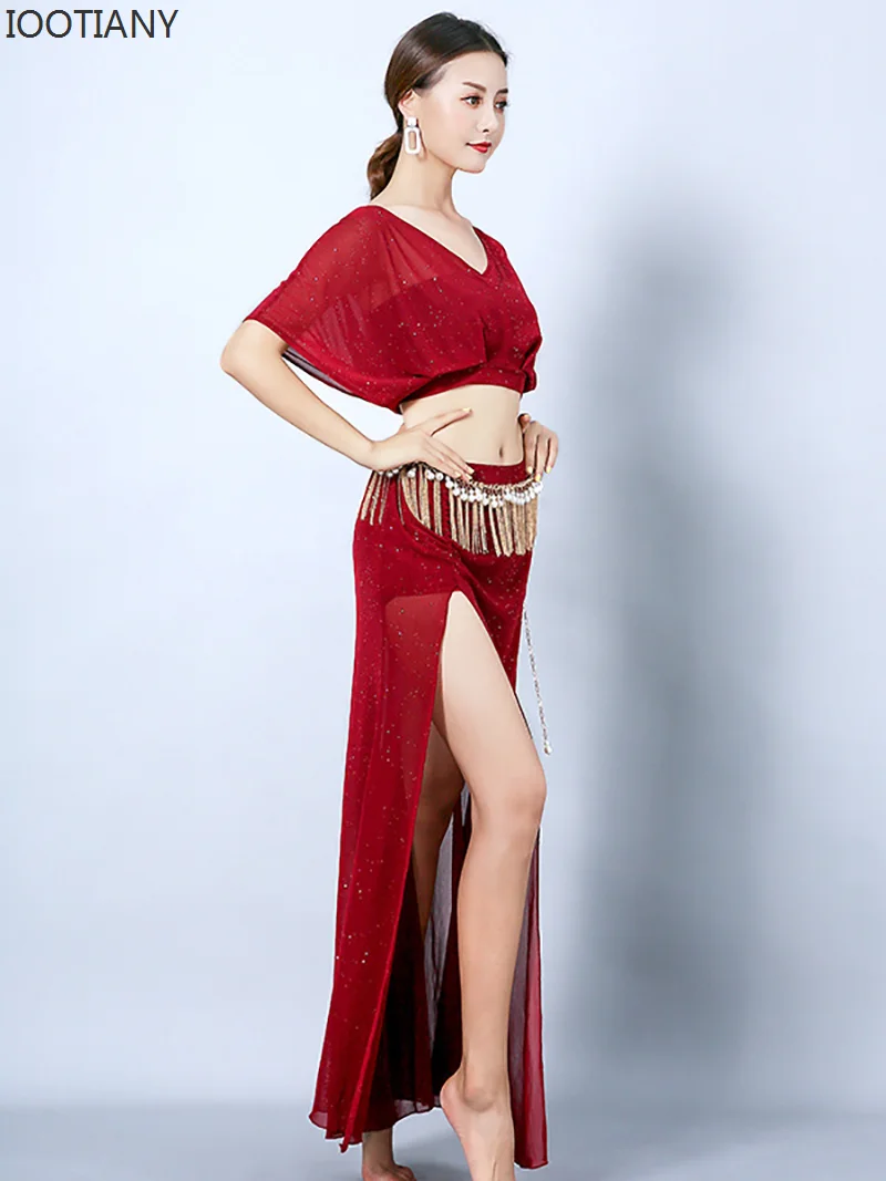 

V-neck Backless Belly Dancing Costumes Training Suit Performance Sequin Mesh Top Slit Skirts Two Piece Set Adult Women Dancewear