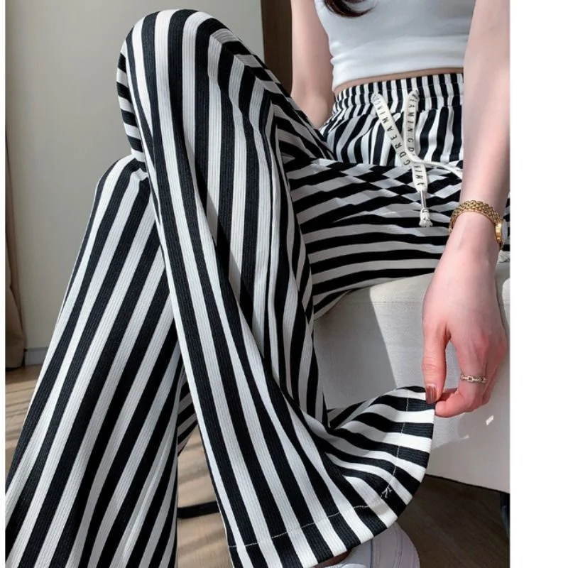Summer Fashion Thin Ice Silk Straight Casual Pants Women's Print Black White Stripes Elastic High Waist Loose Wide Leg Trousers