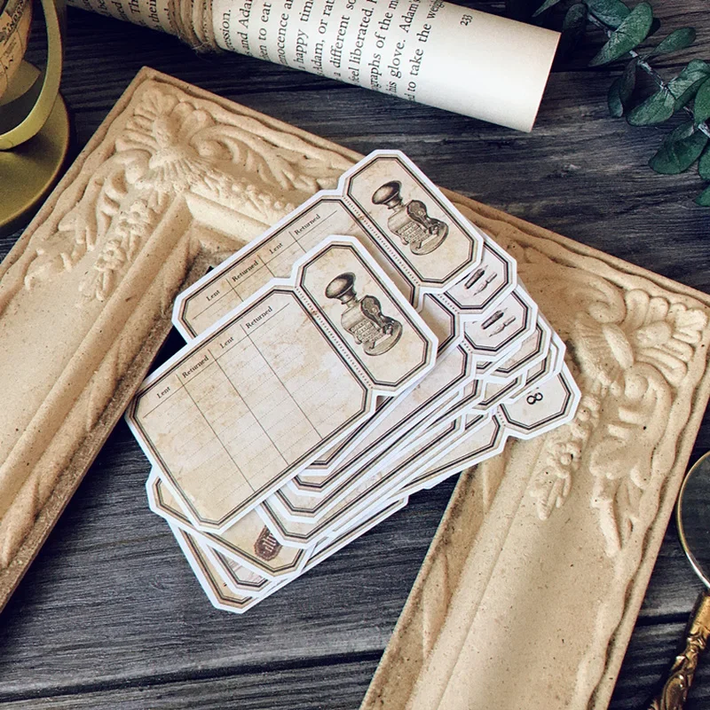16Pcs Library Book Tag Vintage Stickers Junk Journal Ephemera Retro Label DIY Album Aesthetic Stickers Scrapbooking Material